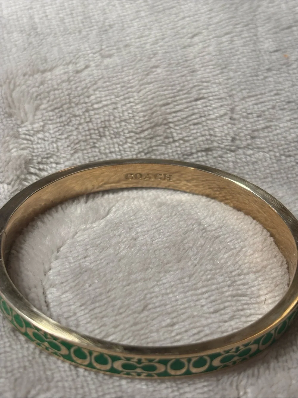 Coach Signature Enamel Green and Gold Thin Bangle